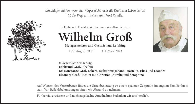 Traueranzeige Wilhelm Groß