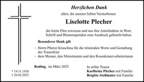 Traueranzeige Liselotte Plecher