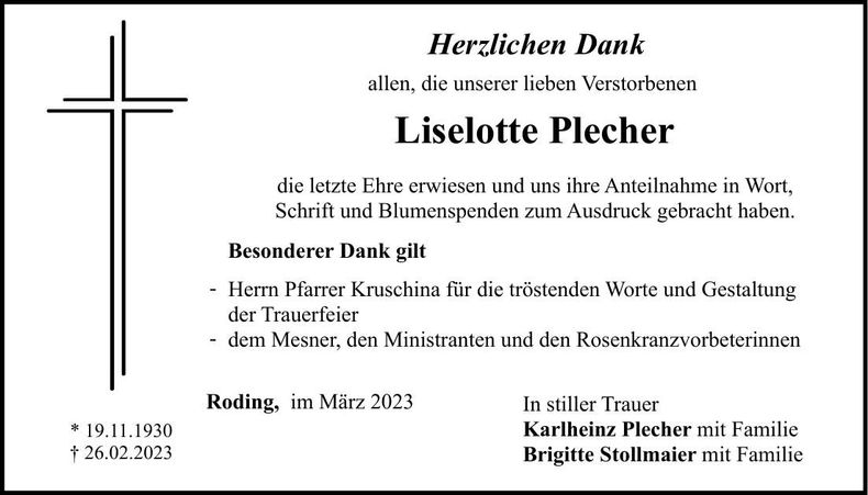 Traueranzeige Liselotte Plecher