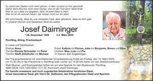 Traueranzeige Josef Daiminger