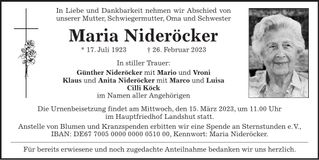 Traueranzeige Maria Nideröcker