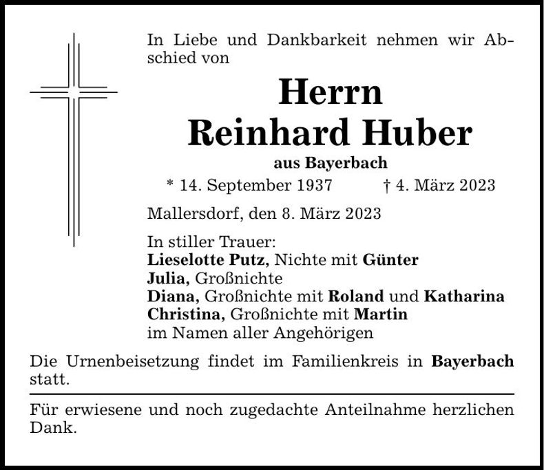 Traueranzeige Reinhard Huber