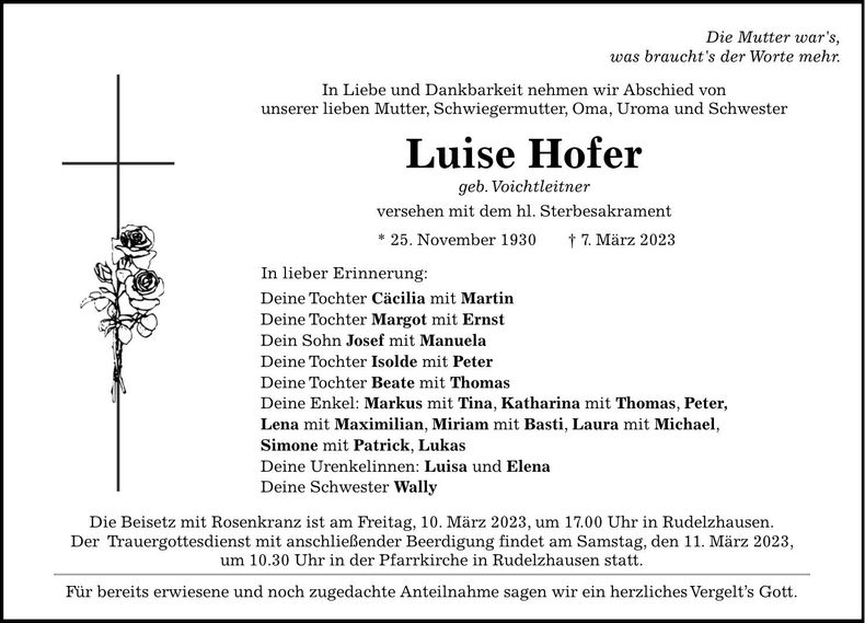 Traueranzeige Luise Hofer