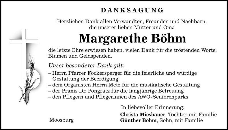 Traueranzeige Margarethe Böhm