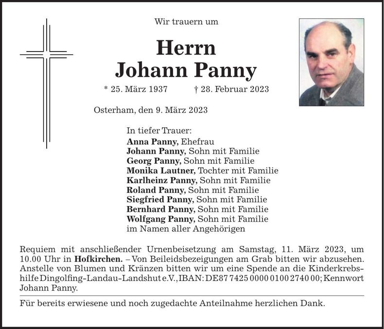 Traueranzeige Johann Panny