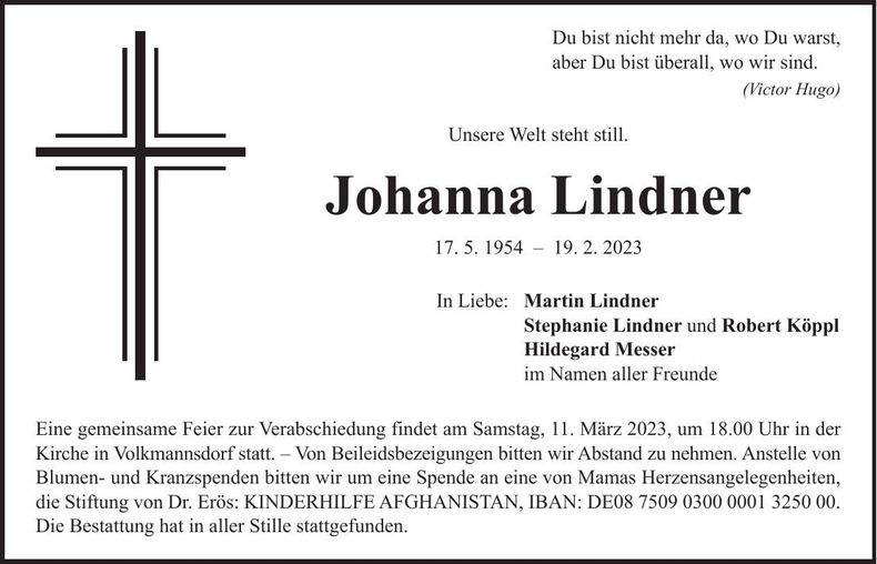 Traueranzeige Johanna Lindner