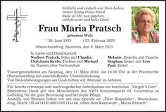 Traueranzeige Maria Pratsch