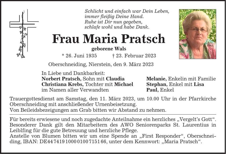 Traueranzeige Maria Pratsch