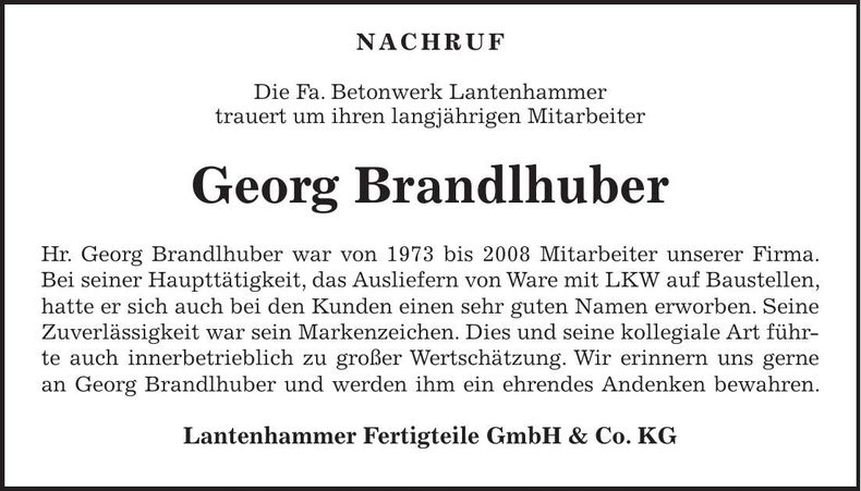 Traueranzeige Georg Brandlhuber