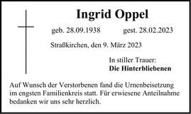Traueranzeige Ingrid Oppel