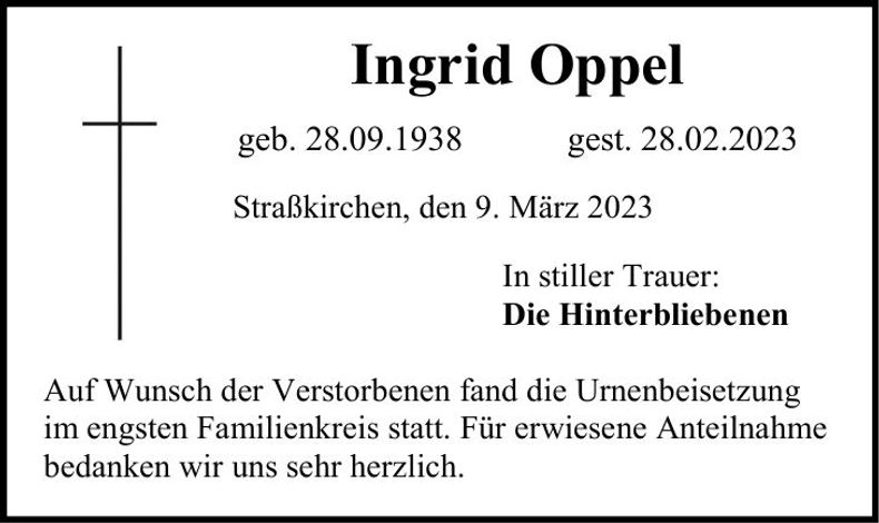 Traueranzeige Ingrid Oppel