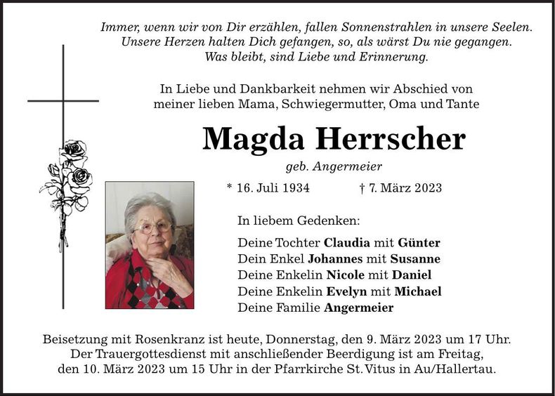 Traueranzeige Magda Herrscher