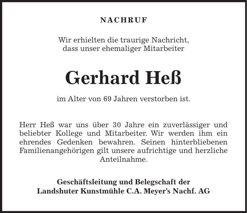 Traueranzeige Heß Gerhard