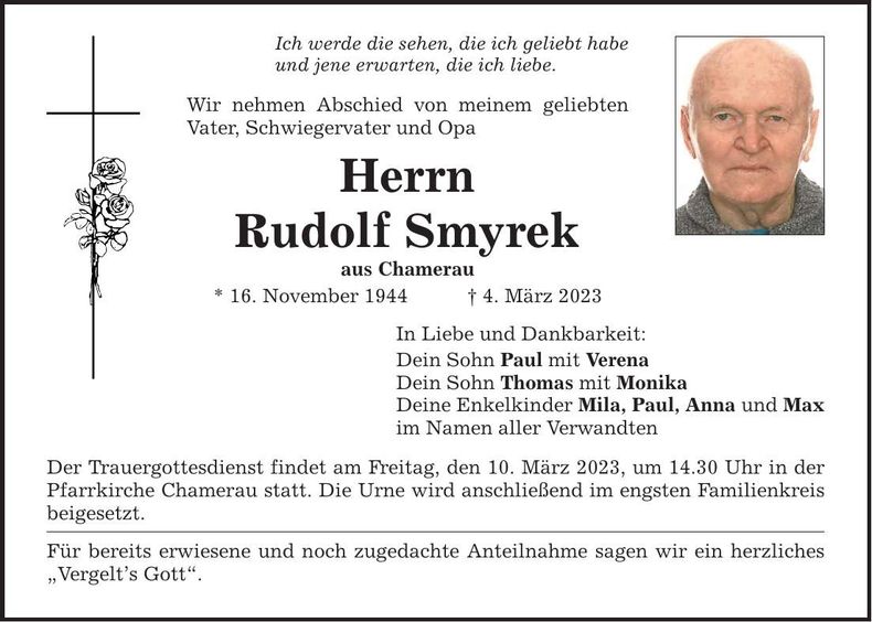 Traueranzeige Rudolf Smyrek