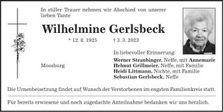 Traueranzeige Wilhelmine Gerlsbeck