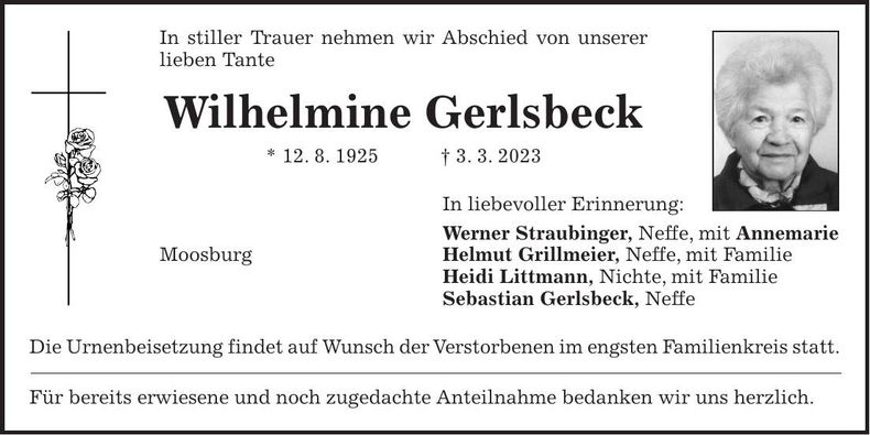 Traueranzeige Wilhelmine Gerlsbeck