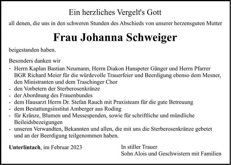 Traueranzeige Johanna Schweiger