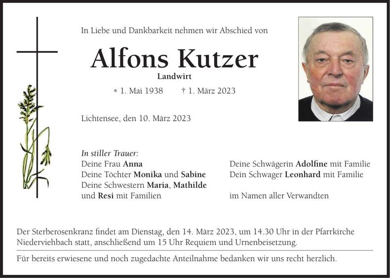 Traueranzeige Alfons Kutzer