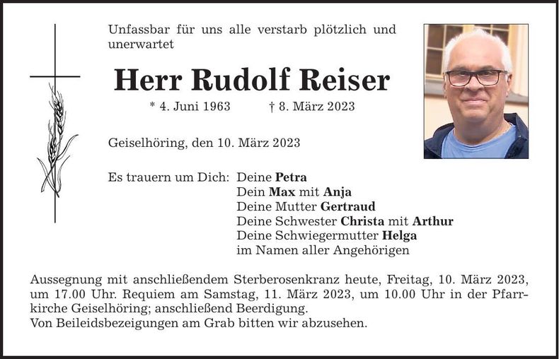 Traueranzeige Rudolf Reiser