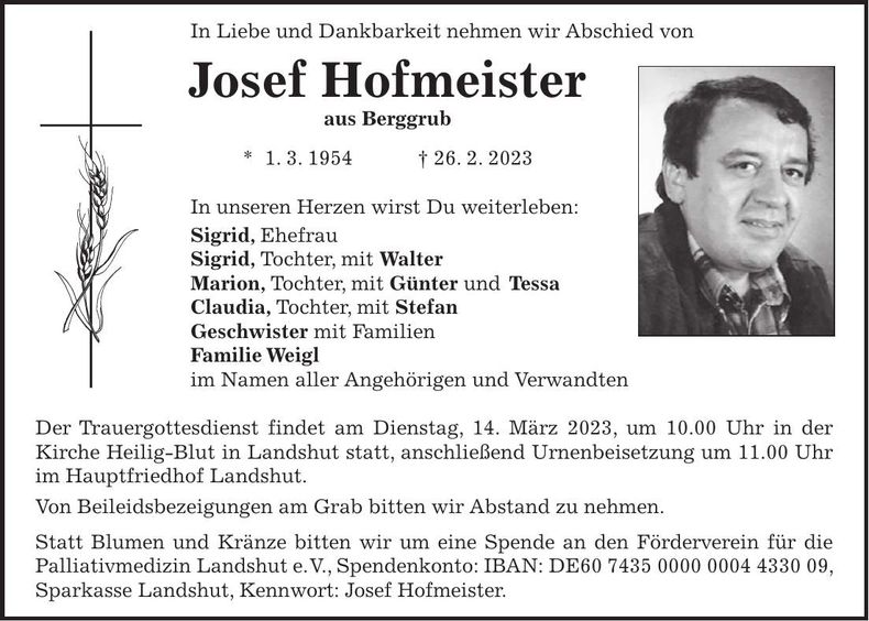 Traueranzeige Josef Hofmeister