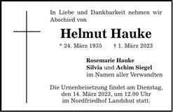 Traueranzeige Helmut Hauke