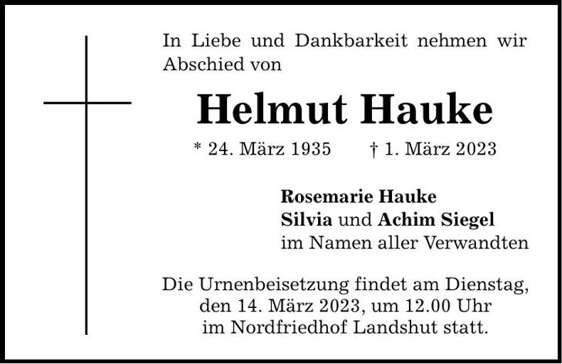 Traueranzeige Helmut Hauke