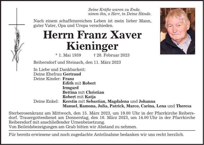 Traueranzeige Franz Xaver Kieninger