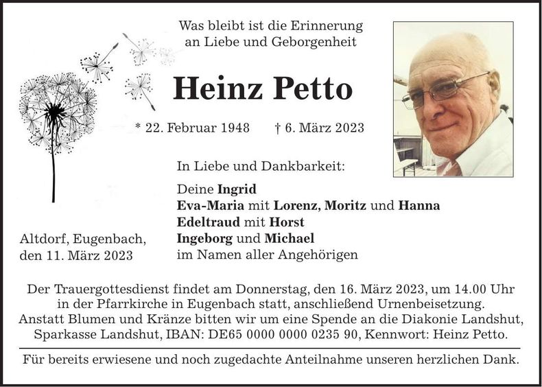 Traueranzeige Heinz Petto