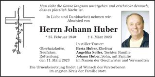 Traueranzeige Johann Huber