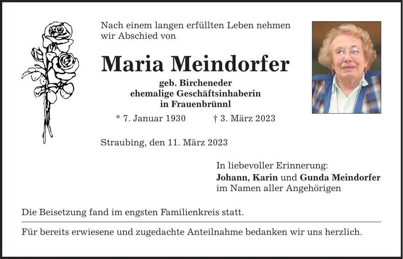 Traueranzeige Maria Mendorfer