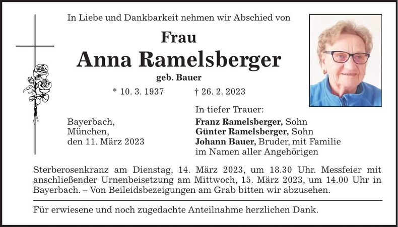 Traueranzeige Anna Ramelsberger