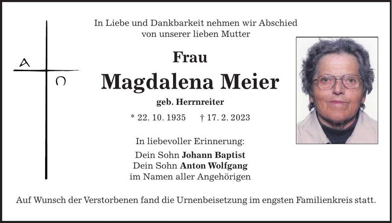 Traueranzeige Magdalena Meier