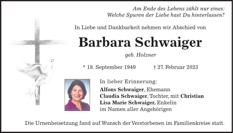Traueranzeige Barbara Schwaiger