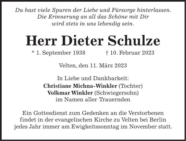 Traueranzeige Dieter Schulze