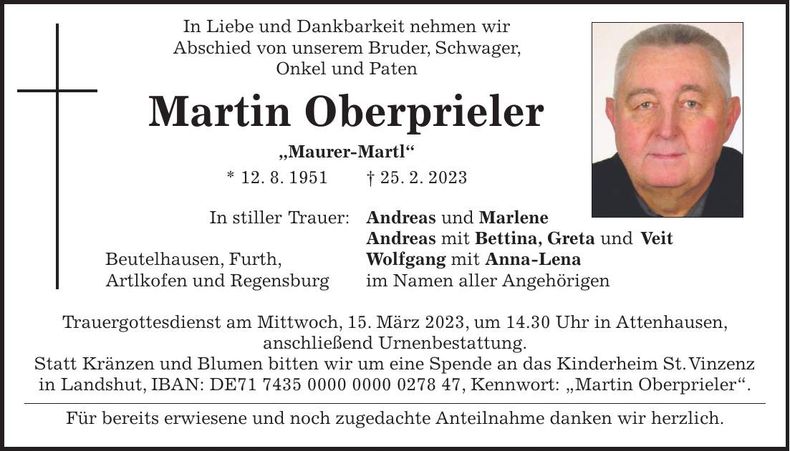 Traueranzeige Martin Oberprieler