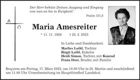 Traueranzeige Maria Amesreiter