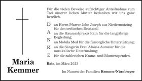 Traueranzeige Maria Kemmer