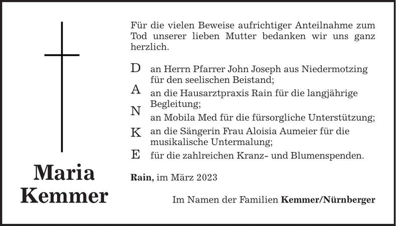 Traueranzeige Maria Kemmer