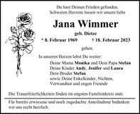 Traueranzeige Jana Wimmer