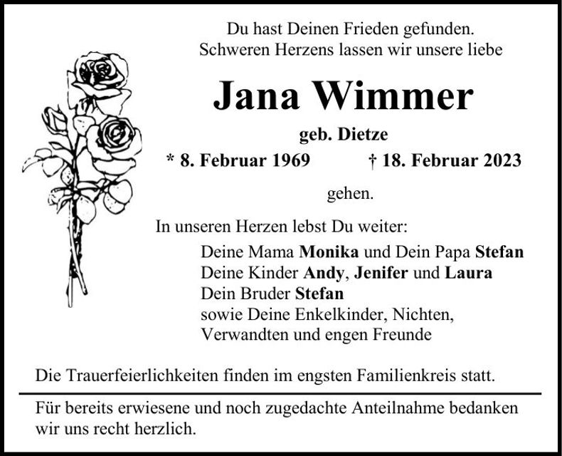 Traueranzeige Jana Wimmer