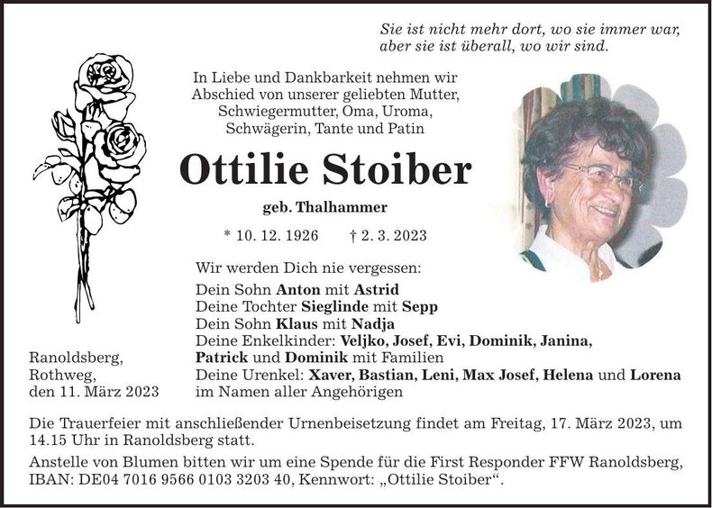 Traueranzeige Ottilie Stoiber