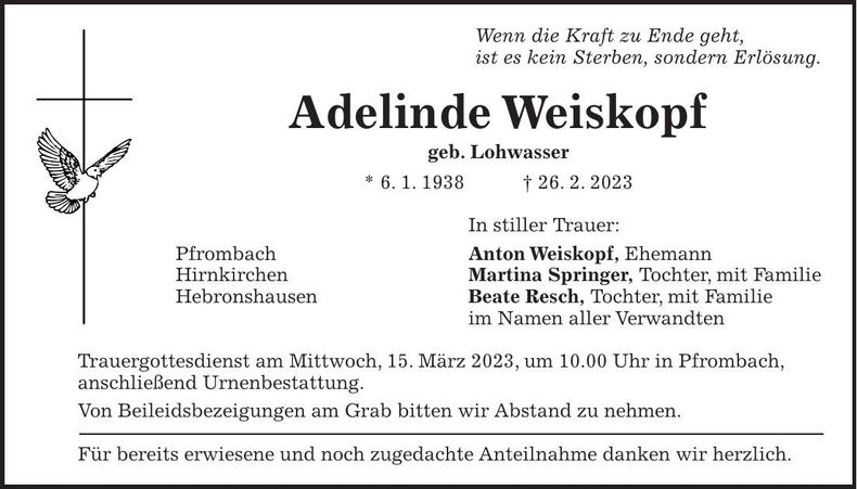 Traueranzeige Adelinde Weiskopf