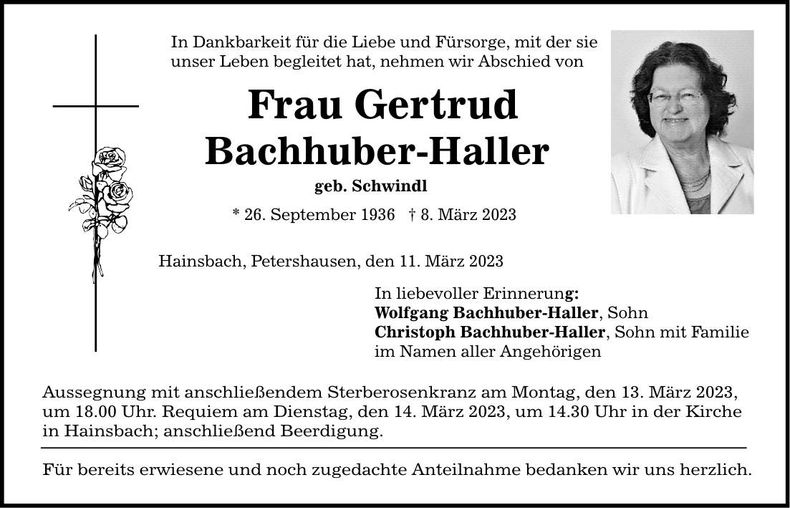 Traueranzeige Gertrud Bachhuber-Haller