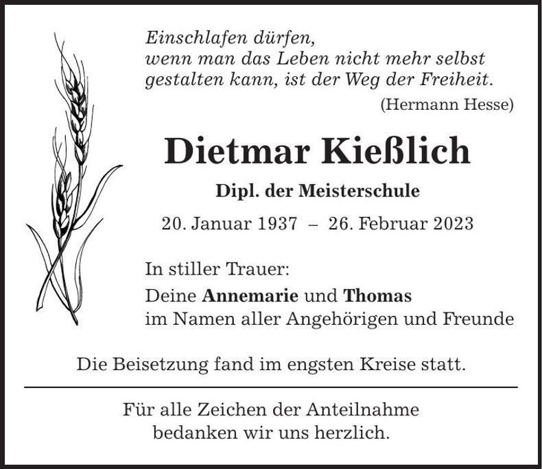 Traueranzeige Dietmar Kießlich