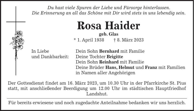 Traueranzeige Rosa Haider