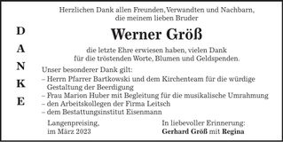 Traueranzeige Werner Größ