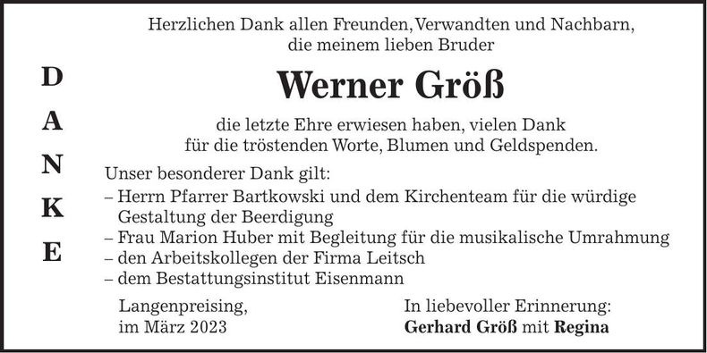 Traueranzeige Werner Größ
