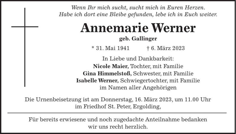 Traueranzeige Annemarie Werner