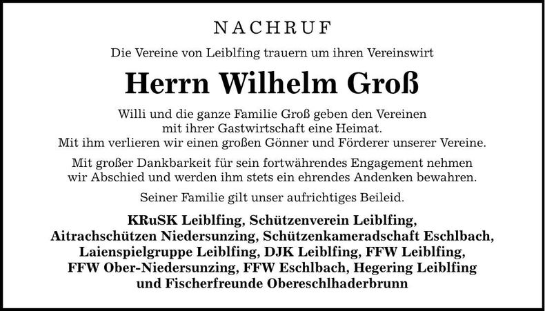 Traueranzeige Wilhelm Groß