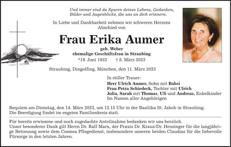Traueranzeige Erika Aumer